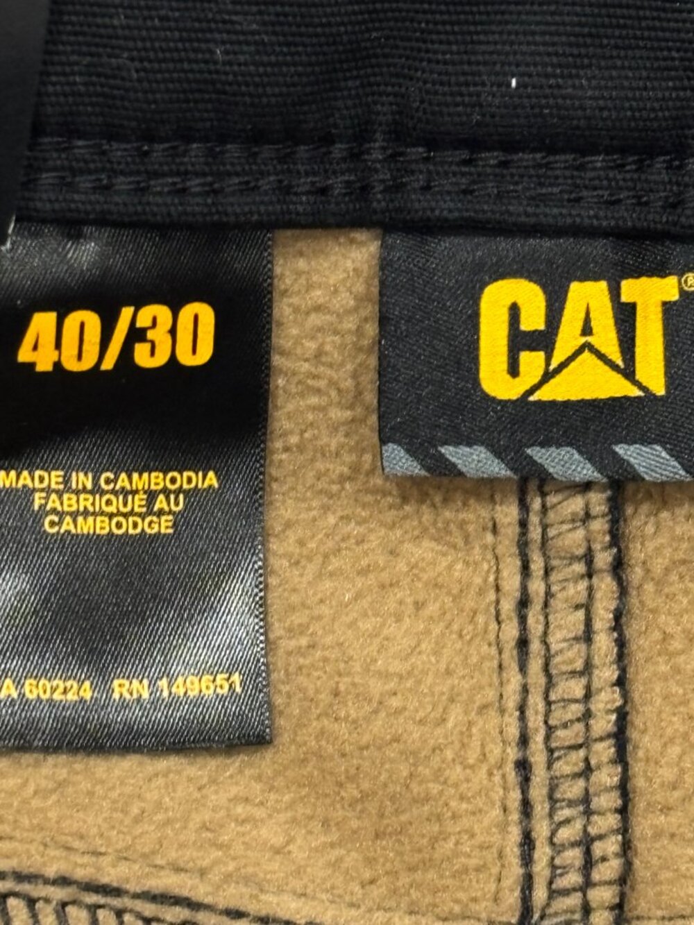 CAT Caterpillar Work Pants Mens 40 x 30 Black Canvas Fleece Lined Insulated - Picture 7 of 14